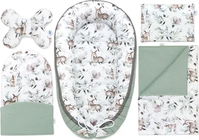 Produktbild von Pepi Babynest Kokon 5 teiliges Babynestchen Set für Babys Neugeborene 100% Baumwolle Kuschelnest-Set mit Krabbeldecke Kissen Green Groove