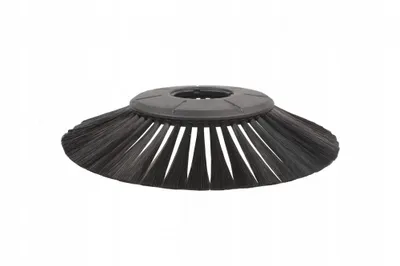 A close-up view of a round, black broom head with stiff bristles, mounted on a gray plastic base.