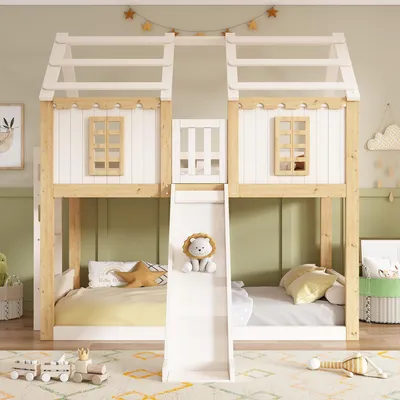 Produktbild von STILVORA Kinder Etagenbett 90x200 cm mit Rutsche, Hausbett mit Leiter, Stockbett aus Holz mit Rausfallschutz, Spielbett mit Fenster,mit einer Matratze