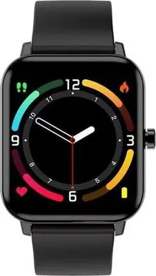 A black smartwatch with a colorful digital display showing the time and various health metrics.