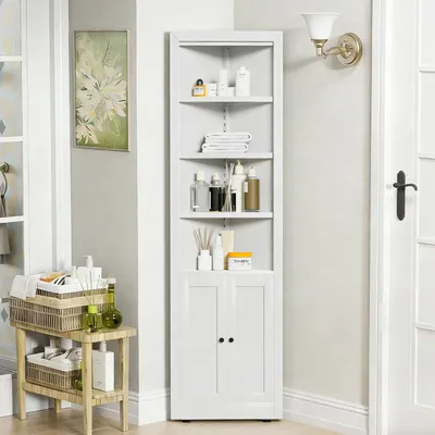 Immagine prodotto di Mobiletto angolare bianco alto 180,34 cm, con 2 ante, 5 ripiani e ripiani regolabili, armadietto metallico autoportante per dispensa