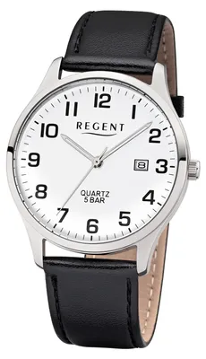 Produktbild von Regent Herren-Uhr Analog Quarz Leder-Armband Schwarz Silber-Ton F-1241