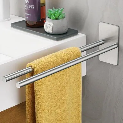 Obrázok produktu pre Držiak na uteráky Unyqoos® bez vŕtania – dvojitá tyč na uteráky, samolepiaci, nerezová oceľ 304, 38 cm, strieborná, pre kúpeľňu a kuchyňu