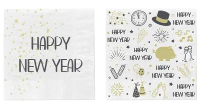 Produktbild von 40 Stück Silvester Deko Servietten Happy New Year Weiß Schwarz Gold Tischdeko