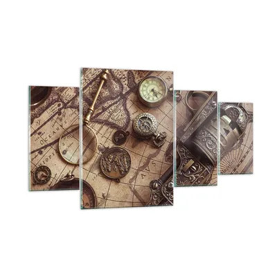 Produktbild von Bilder auf glas - 4 Teile - Kartographie Vintage Kompass - 160x90cm - Glasbilder - Wandbilder - Bilder - Wanddekoration aus Glas - Glas Bilder - Wandbild auf Glas - GDL160x90-4582