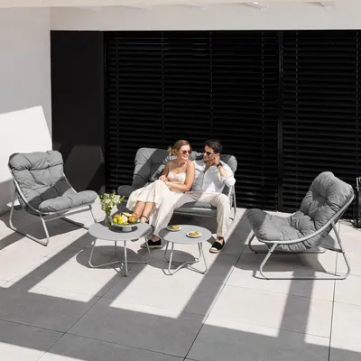 Produktbild von di volio Gartenmöbel Set ARSOLI – grau, moderne Gartenlounge aus Stahl, 1x Sofa, 2x Sessel, 2x Tisch, wetterfest & bequem