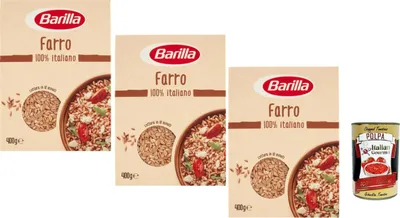 Produktbild von Barilla Farro 100% Italienisch Schnellkoch-Getreide 3 x 400 g für Salate Suppen Bowls ballaststoffreich vegetarisch Vorratspackung + Italian Gourmet polpa
