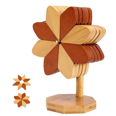 Produktbild von 5 Stück Topfuntersetzer Hitzebeständig Bambus,Untersetzer Holz in Windmühlenform,5 Holzuntersetzer und 1 Ständer,Rutschfestes Faltbarer Pfannenschoner