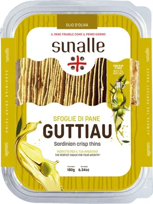 Produktbild von Sfoglie Di Pane Guttiau, knusprige Snacks Pane Guttiau Olivenöl, wiederverschließbare Box, 180g, Sunalle