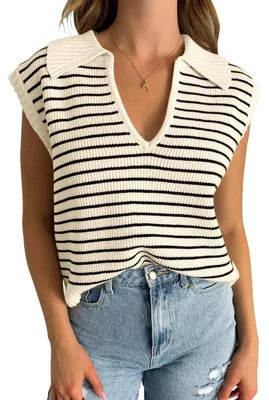 Produktbild von Ärmelloses, gestricktes Sommer-T-Shirt für Damen mit kurzen Ärmeln und V-Ausschnitt,Größe:S