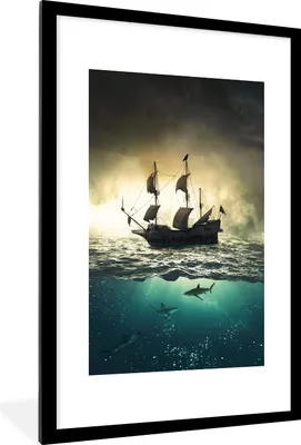 Produktbild von MuchoWow® MuchoWow® Gerahmtes Poster Boot - Hai - Meer 60x90 cm - Poster mit zchwarzem Bilderrahmen - Dekoration - Wandposter Wohnzimmer - Hochwertig