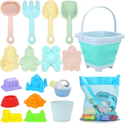 Imagen del producto de Juego de arena, 18 piezas, incluye cubo, pala, moldes para arena, ideal para niños de 2 a 5 años, juguetes para la playa