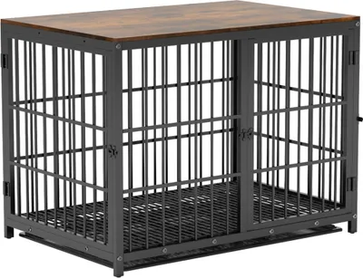 A black metal dog crate with a wooden top is shown against a white background.