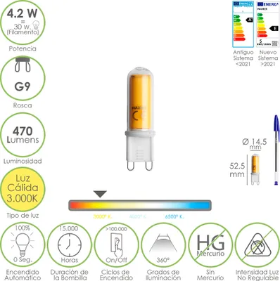 Obrázok produktu pre LED žiarovka G9 závit. 4.2 Watt. Ekvivalent 15 Wattov. 470 lúmenov. Teplé svetlo (3000º K.)