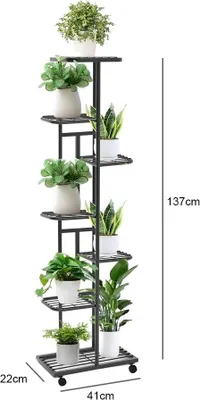Image de Support pour plantes - Étagère à fleurs sur roulettes - Étagère à plantes à 7 niveaux - Métal et fonte - Pour pots de fleurs, intérieur et extérieur - 41 x 22 x 137 cm - Noir
