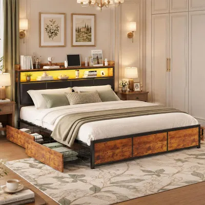 Productafbeelding van INONEFT Boxspringbed 140 x 200 cm, tweepersoonsbed met 4 lades en hoofdeinde, bed voor volwassenen met LED-verlichting en lattenbodem, bekleed bed, Polyurethanmateriaal