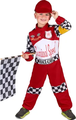 A young boy wearing a racing costume and holding a checkered flag.