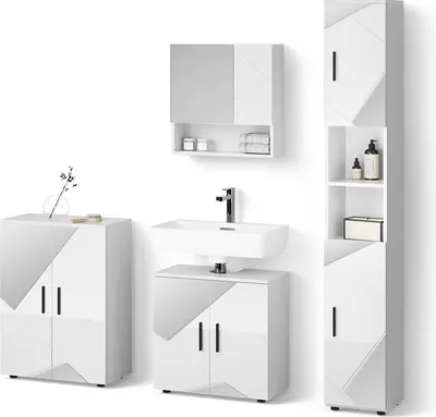 Image de Ensemble meubles bain Livinity Ronco Blanc brillant avec inserts 4 pièces, avec armoire haute et commode, Model 52747