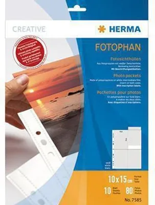 A product package for photo pockets, with a hand holding a photo partially inserted into one of the pockets.