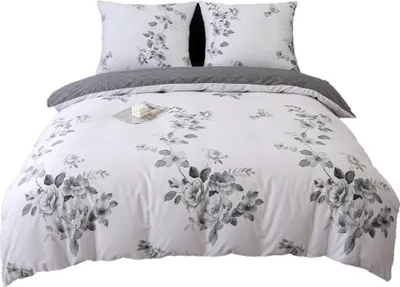 Produktbild von Satin Bettwäsche 160x200cm Blumen Graphit Schwarz und Weiß
