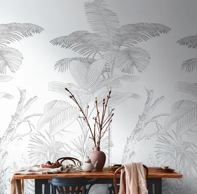 Produktbild von NEWROOM Tapete Weiß Vliestapete Dschungel - Wandbild Modern Schwarz  Palmen Palmenblätter Tapete Tropisch Dschungeltapete