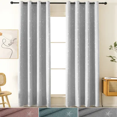 Zdjęcie produktu dla zestaw 2 zasłon nieprzezroczystych z oczkami w gwiazdki o wyglądzie lnu, zasłona zaciemniająca szara szer. 132 x wys. 160 cm sypialnia pokój dzienny pokój dziecięcy