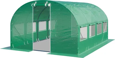 A green greenhouse with an open door and windows, set against a white background.
