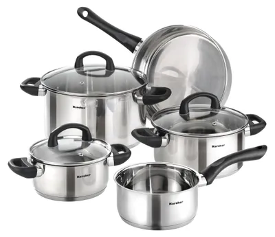 Produktbild von Karcher Topfset Mia aus Edelstahl, Induktion, Töpfe mit Glasdeckel / Pfanne / Stielkasserolle, 5-teilig