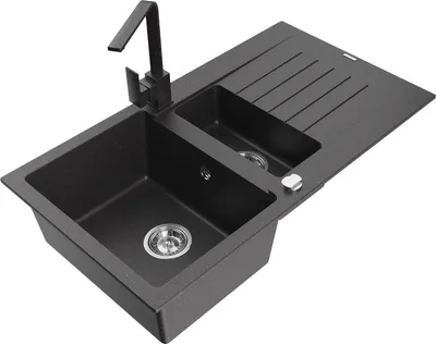 Produktbild von Mexen Matias 1,5-Becken-Granitspüle mit Abtropffläche und Mischbatterie Rita, Schwarz gesprenkelt - 6502-76-670300-76