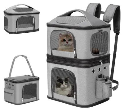 Produktbild von Abnehmbarer Katzenrucksack für 2 Katzen bis 12 kg, faltbare Katzentransportbox, großer Rucksack für 2 Katzen, geeignet für Reisen/Wandern/Camping, Grau