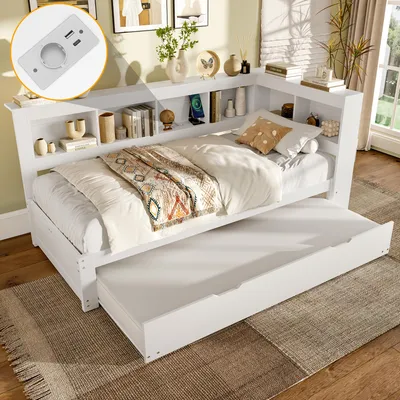 Produktbild von Flieks Holzbett Schlafsofa Tagesbett 90x200cm mit Ausziehbett, Jugendbett Kinderbett mit Ladefuntion (USB & Steckdose), Einzelbett Daybett, Weiß