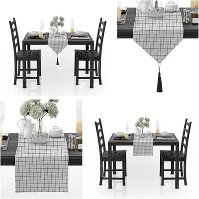 Productafbeelding van Tafelloper Rasterpatroon - Tafeldecoratie Katoen - Feestelijke Decoratie - Met Kwastjes - 30 x 240 cm - Zwart Wit