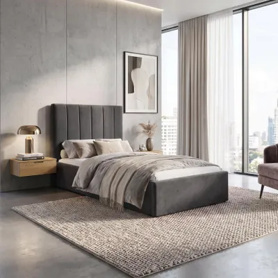 Obrázek produktu pro BEAUTYSOFA | Čalouněná postel MELVIO 90 × 200 cm, sametová barva, šedá. Postel s matrací H2 MEDIRO ERGO+, samostatná postel s úložným prostorem a čelem