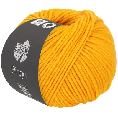 A ball of yellow yarn with a dark gray label.