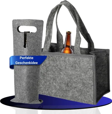 A grey felt bottle carrier with a bottle of beer inside, and a separate felt bottle holder with a blue ribbon overlay.