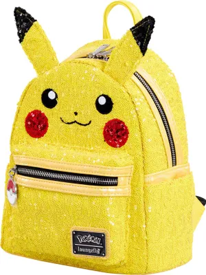 A yellow Pikachu backpack covered in sequins.