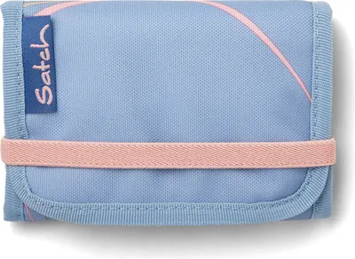 A close-up view of a blue Satch wallet with a pink elastic band and pink curved lines.