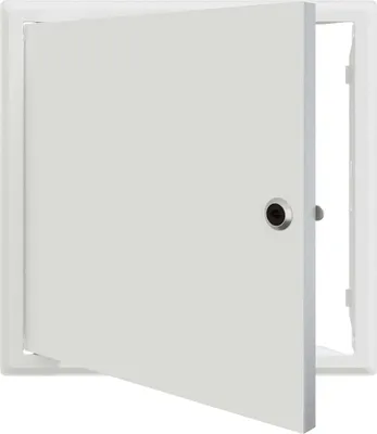 A white access panel with its door slightly ajar, revealing a dark interior.