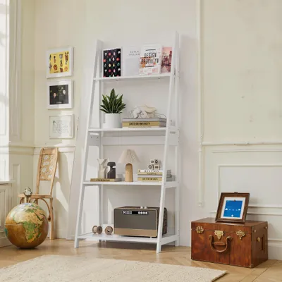 A well-lit room with a ladder bookshelf, a globe, a chair, and a trunk.
