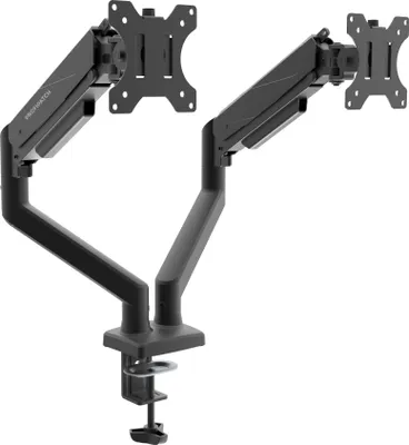 A black dual monitor desk mount with a clamp base.