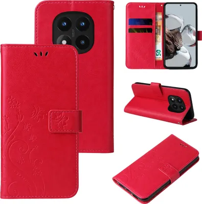 A collage of images showing a red flip phone case with floral and butterfly embossing, displaying its features and how it can be used.