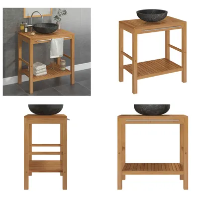 Image de vidaXL : Meuble vasque en bois massif teck avec vasque en marbre noir - Meuble sous vasque - Meubles sous vasque - Armoire de salle de bain - Armoires de salle de bain
