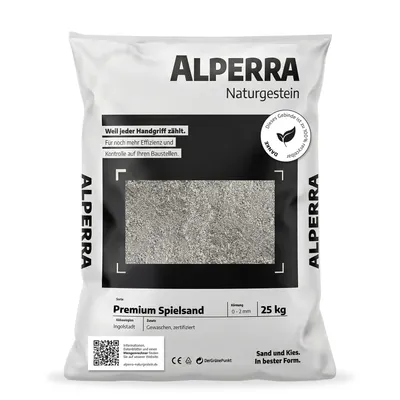 Produktbild von ALPERRA Premium Spielsand 0–2 mm 25kg – gewaschener Quarzsand für Sandkasten & Sandmuschel, schadstofffrei, gesiebt, natürlicher Kindersand aus Bayern