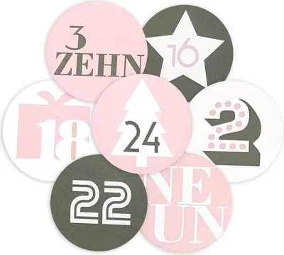 Produktbild von Adventskalenderzahlen in liebevoll gestalteten Designs 24 Aufkleber, für 1 Kalender, rosa-grau, Durchmesser 4 cm