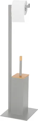 Productafbeelding van SPRINGOS WC-garnituur, staande uitvoering met geïntegreerde toiletpapierhouder, vierkant, vrijstaand, 79 cm. WC-borstelhouder, metaal, grijs. Inclusief toiletborstel