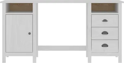 A white wooden desk with a cabinet on the left and drawers on the right, shown from the front against a white background.