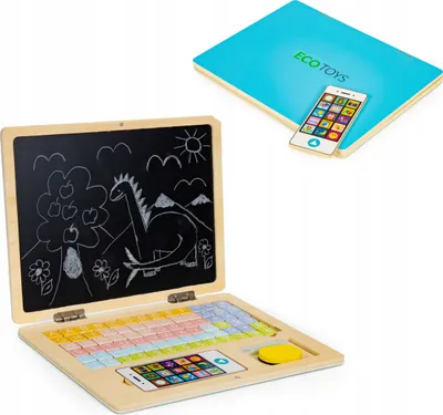 Zdjęcie produktu dla Drewniana magnetyczna tablica edukacyjna laptop z telefonem i literkami ECOTOYS