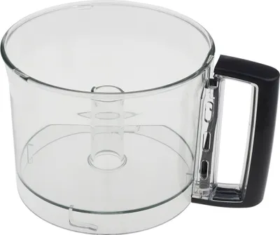 A clear, studio shot of a food processor bowl with a black handle.