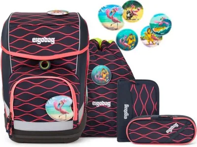 A collection of school supplies including a backpack, a drawstring bag, a pencil case, and a folder, all featuring a wave pattern and flamingo graphics. Several circular patches with flamingo and animal designs are also shown.