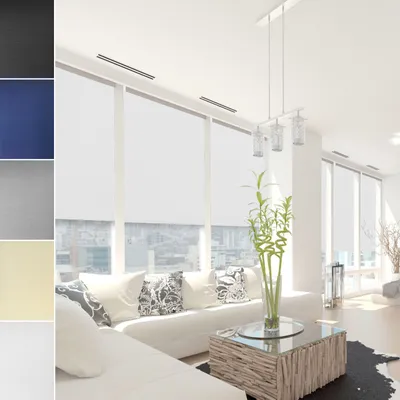 A collage of different color swatches and a lifestyle image of a modern living room with large windows covered by white roller blinds.